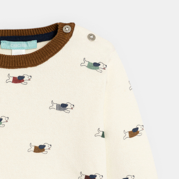 كنزة سميكة من التريكو الناعم، باللون الأبيض ومزيَّن برسوم حيوانات، صغيرة للفتيان الرُضع